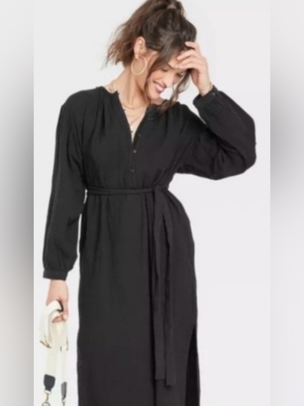 New Universal Thread XL Black Long Sleeve Tie-Waist Maxi Dress